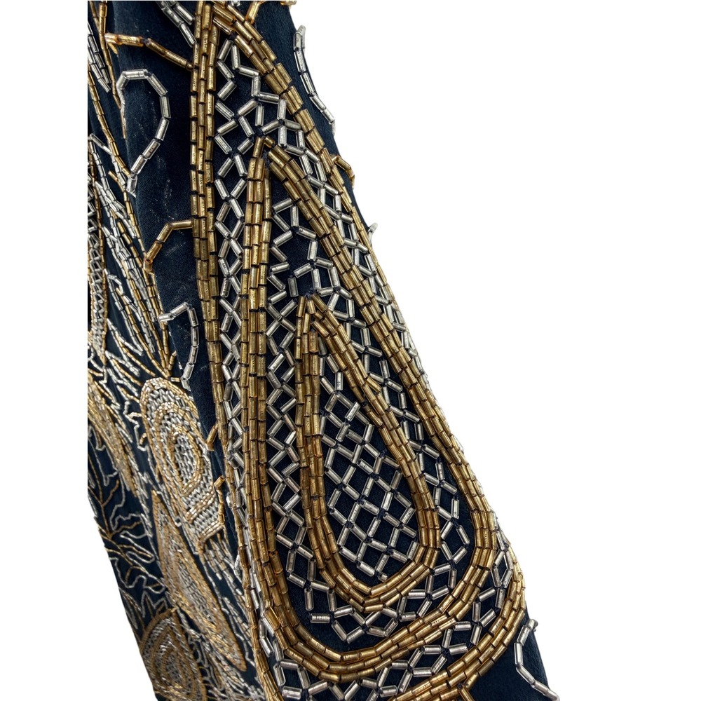Haute Hippie Silk Beaded Tunic Top Womens M Navy Gold Paisley Mini Dress Flawed - Picture 5 of 12